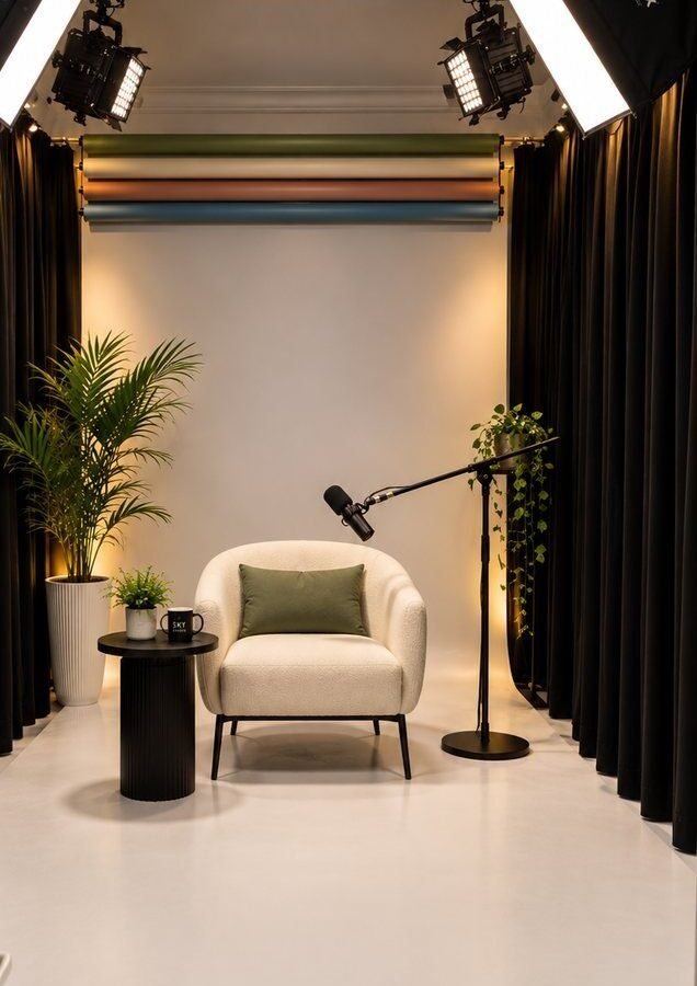 Fauteuil et micro du plateau interview, studio Zyganium à Témara