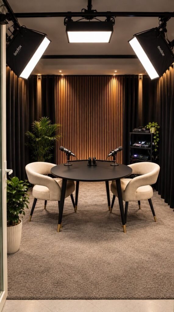 Table ronde, micros et lumières du studio podcast Zyganium à Témara