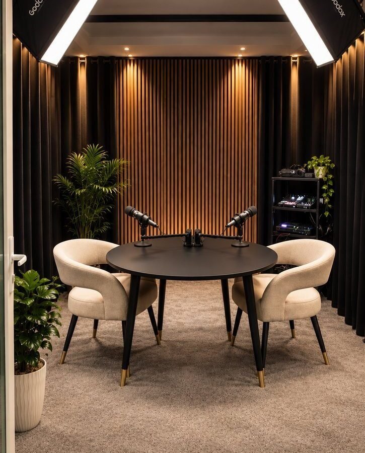 Table ronde, micros et lumières du studio podcast Zyganium à Témara