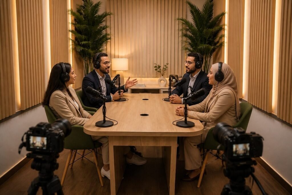 Podcast à quatre intervenants dans la salle de réunion du studio Zyganium à Témara