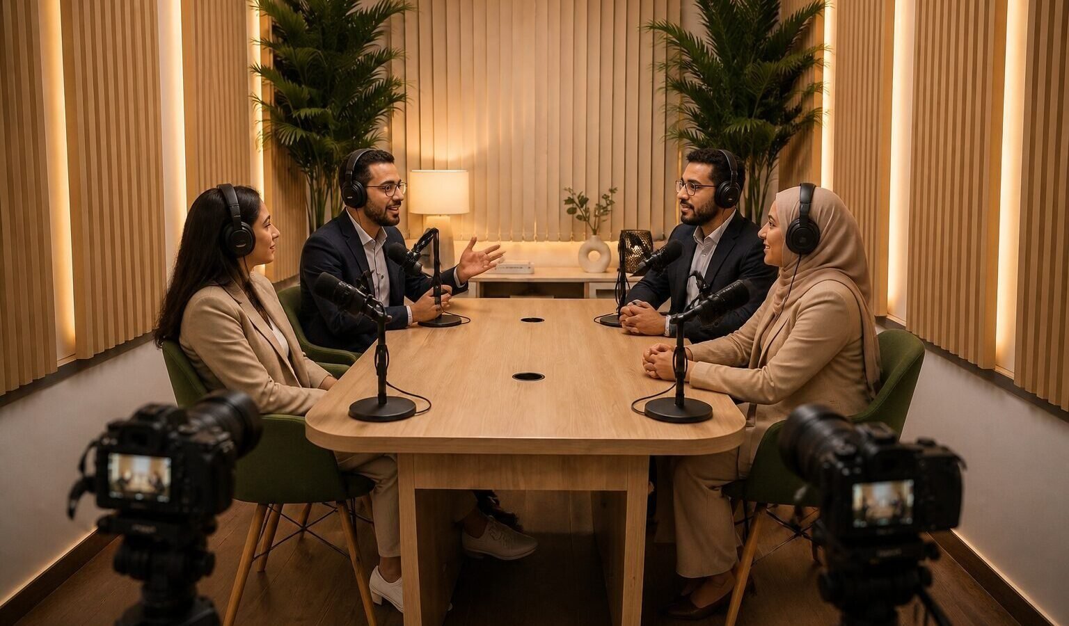 Podcast à quatre intervenants dans la salle de réunion du studio Zyganium à Témara