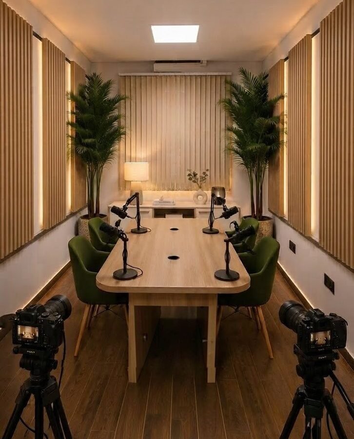 Salle de réunion du studio Zyganium à Témara équipée de micros et caméras